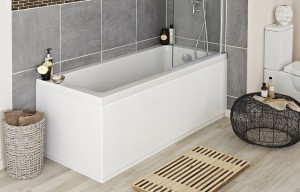Straight acrylic bath fitting into corner of bathroom, with bath shower screen and bath filler tap