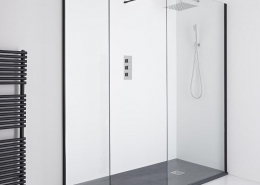 Black framed walk in shower with black slate shower tray
