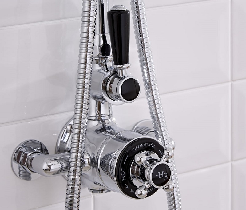 Vintage style exposed thermostatic shower valve in chrome and black