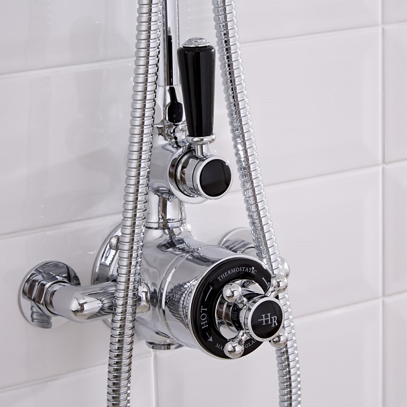 Vintage style exposed thermostatic shower valve in chrome and black