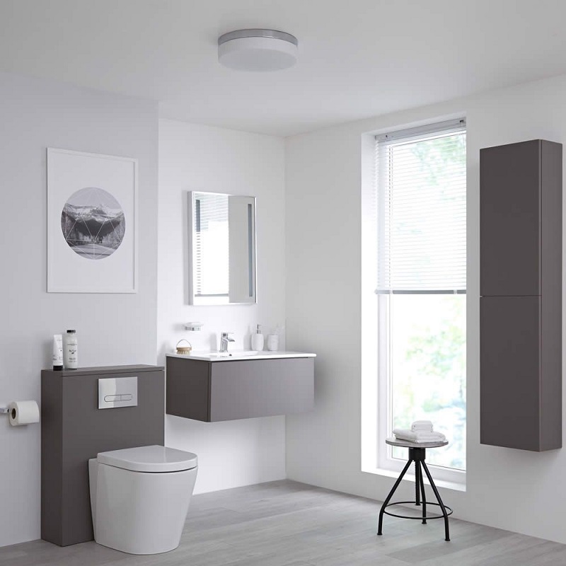 grey bathroom furniture in white bathroom