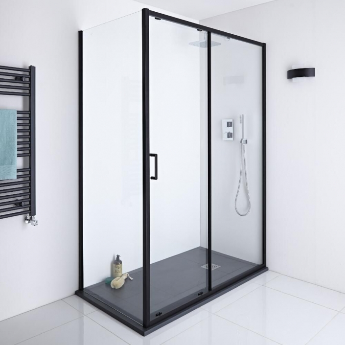 sliding shower door enclosure Black framed sliding shower door enclosure with black slate shower tray
