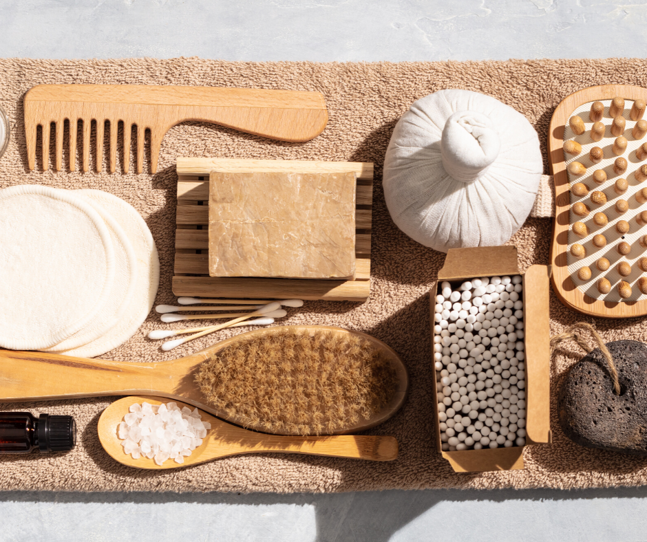 a flat lay of rustic bathroom accessories