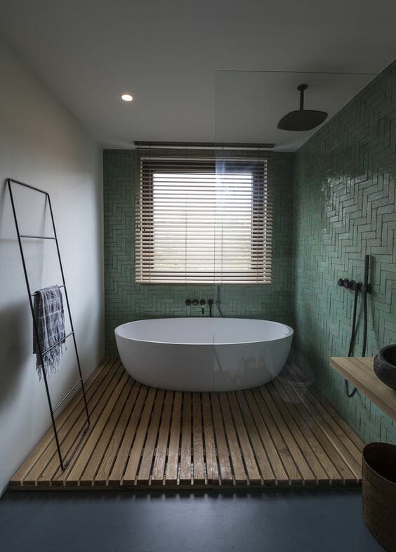 Colourful japandi bathroom