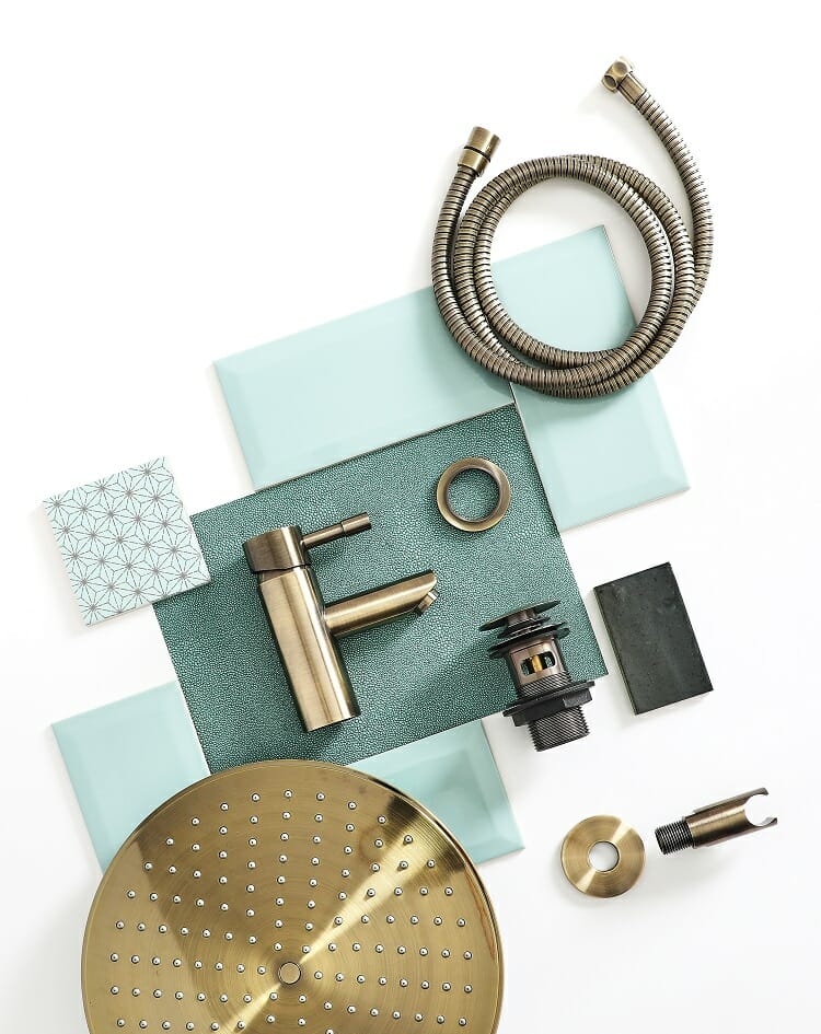 a green and gold bathroom trend moodboard