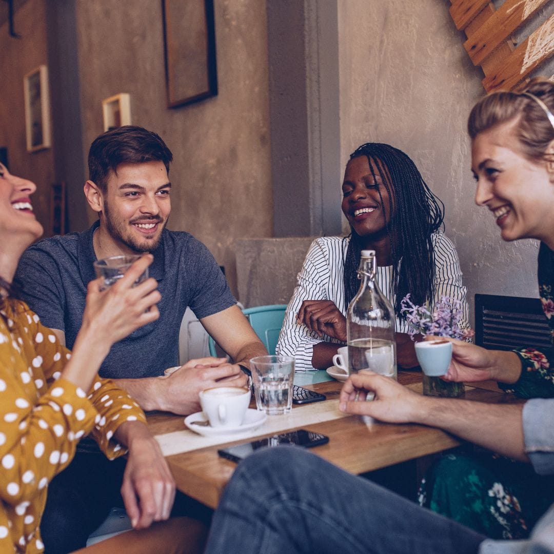 People with less anxiety, having fun in a restaurant.