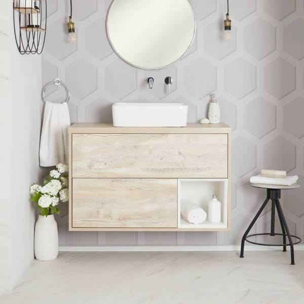 Milano Bexley - Light Oak 1000mm Wall Hung Open Shelf Vanity Unit with Rectangular Countertop Basins