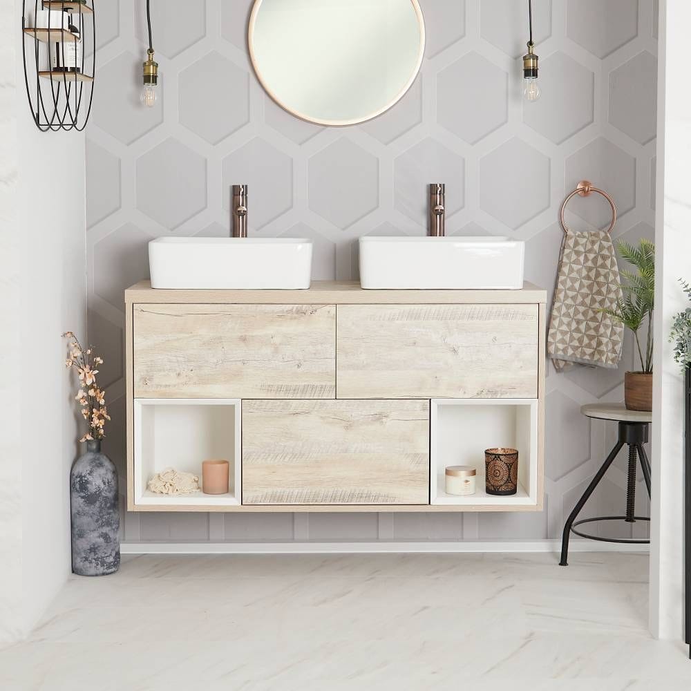 Milano Bexley - Light Oak 1200mm Wall Hung Open Shelf Vanity Unit with Rectangular Countertop Basins