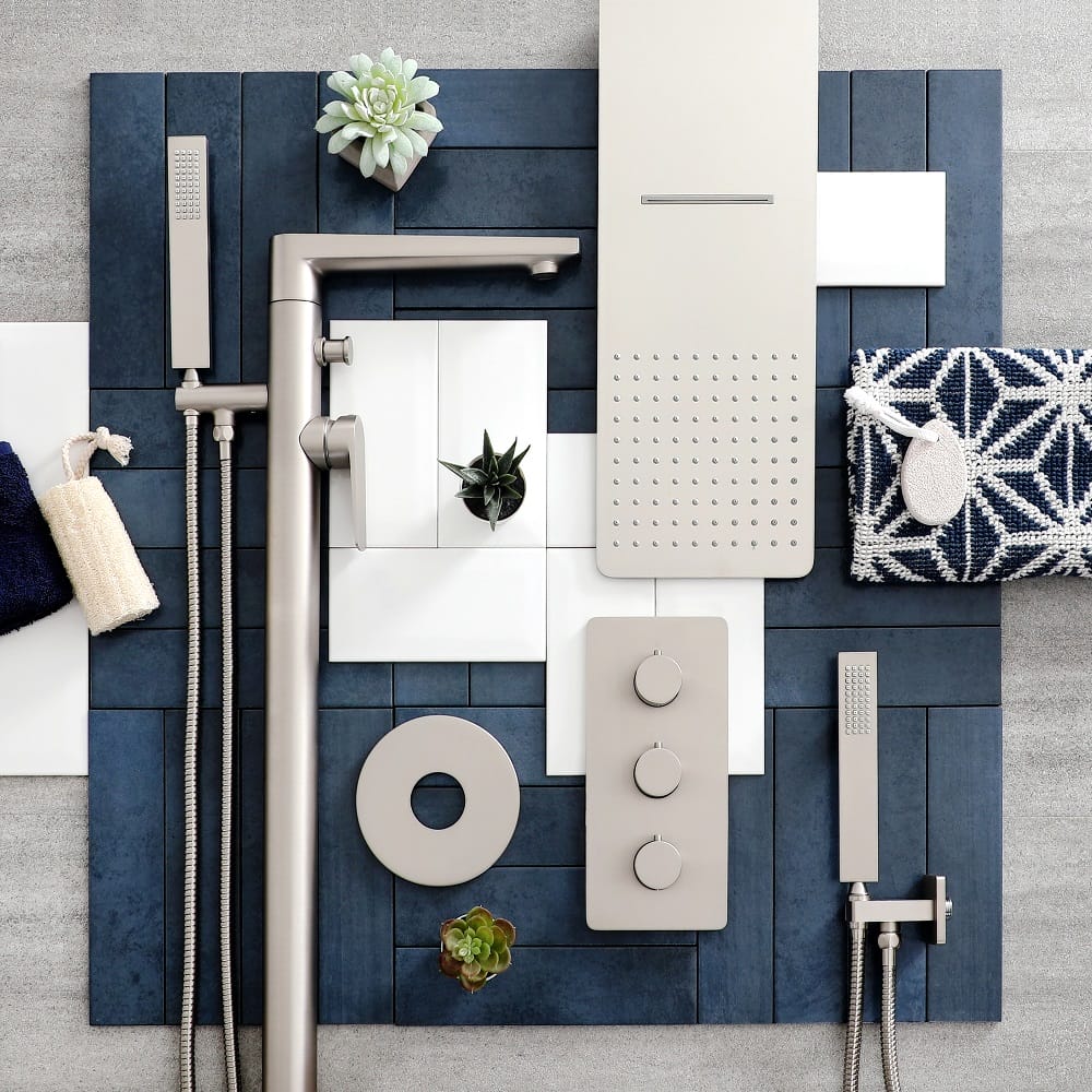 a moodboard with tiles and bathroom fixtures