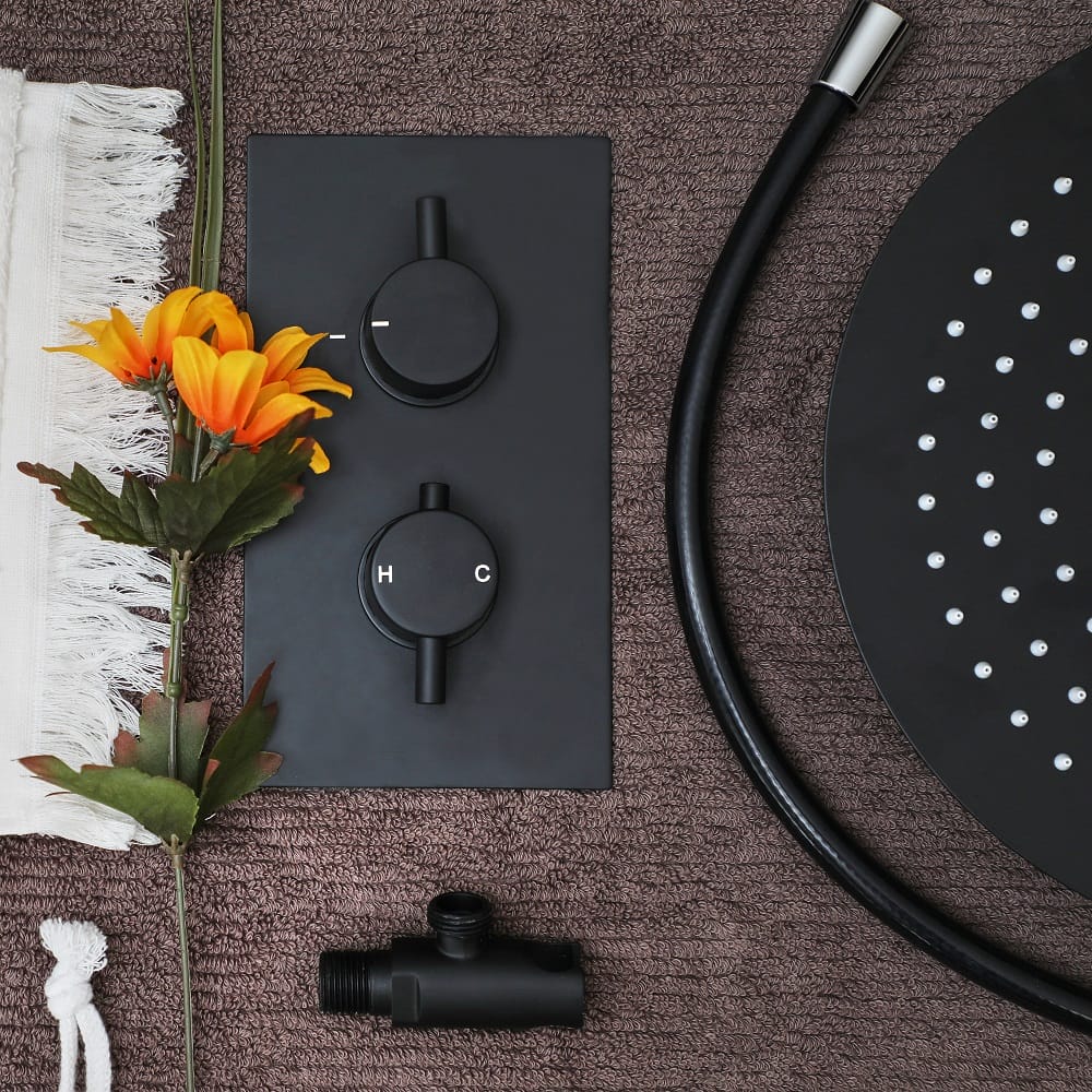 a flayt lay image of a shower valve and a shower head in bold black finish