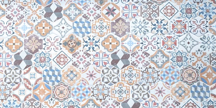 Ceramic tile texture background in oriental style. Abstract mosaic tiles pattern. Vintage tiled floor. Old ceramics wall. Arabic design of bathroom