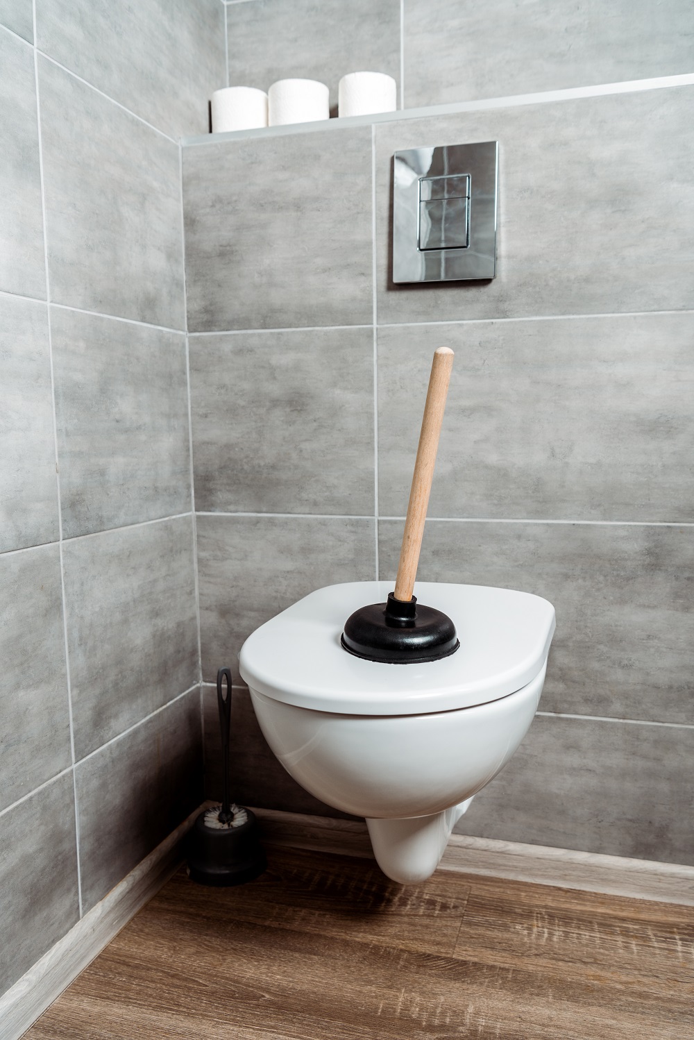 plunger on white toilet near toilet paper rolls