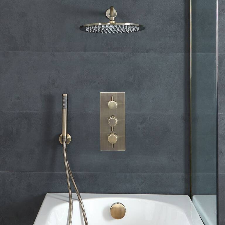 How to style aged gold in a bathroom blog banner