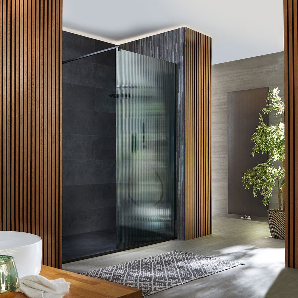 Milano Florence fluted glass black walk-in shower enclosure with slate tray