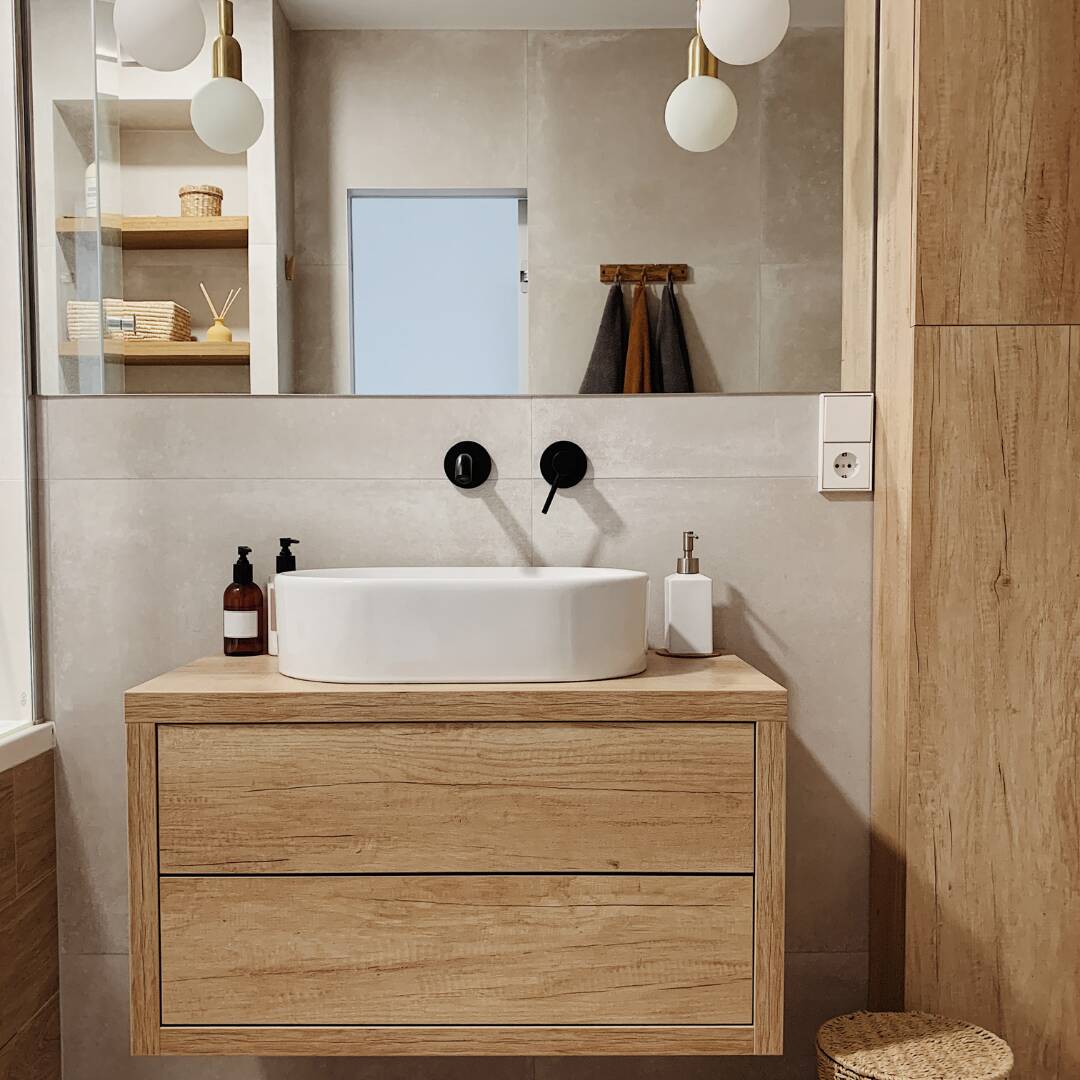 wood wall hung vanity unit